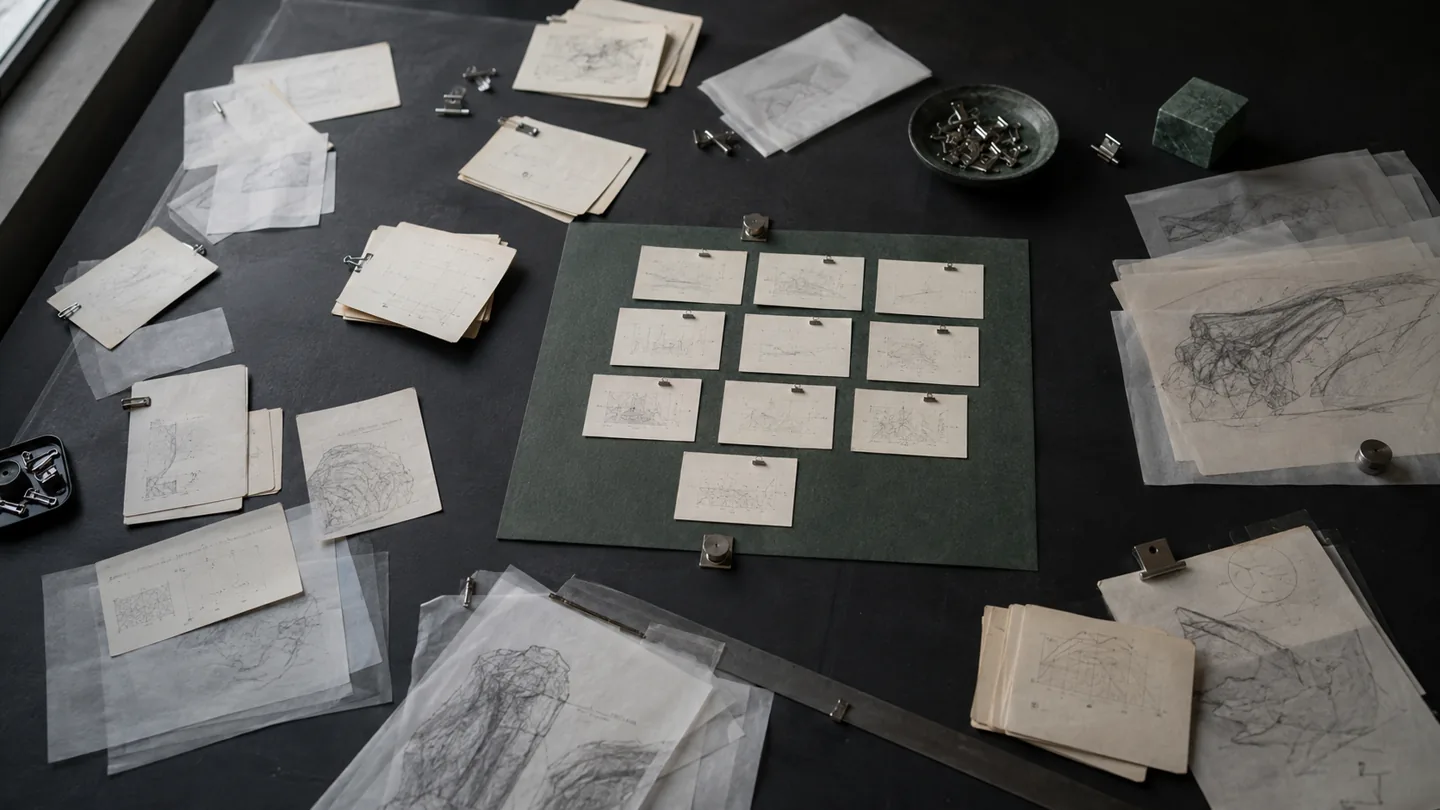 Technical papers sorted from broad research into a precise central evidence set
